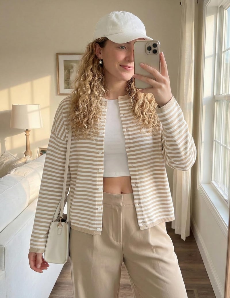 MEROKEETY Womens Striped Cardigan Sweaters 2026 Button Lightweight Long Sleeve Loose Knit Fall Sweater Clothes, Beige, Small - Image 5