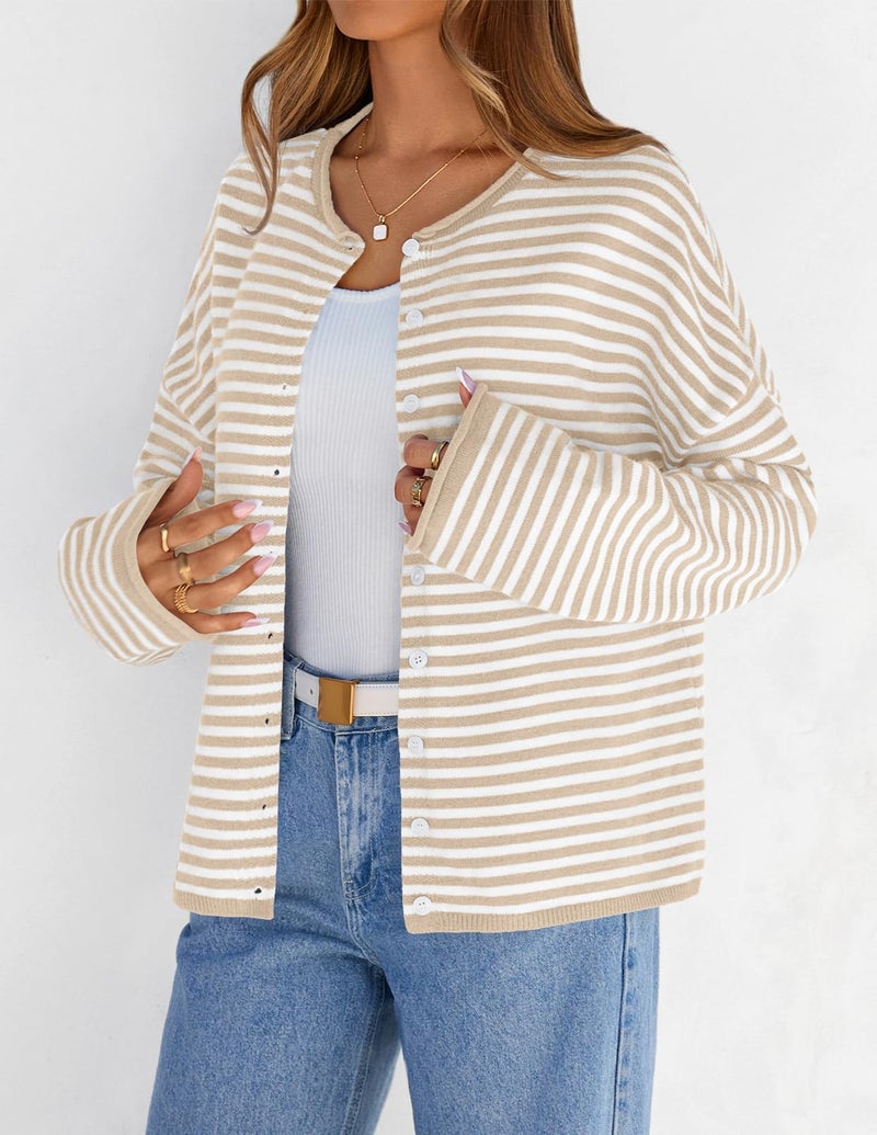 MEROKEETY Womens Striped Cardigan Sweaters 2026 Button Lightweight Long Sleeve Loose Knit Fall Sweater Clothes, Beige, Small - Image 2