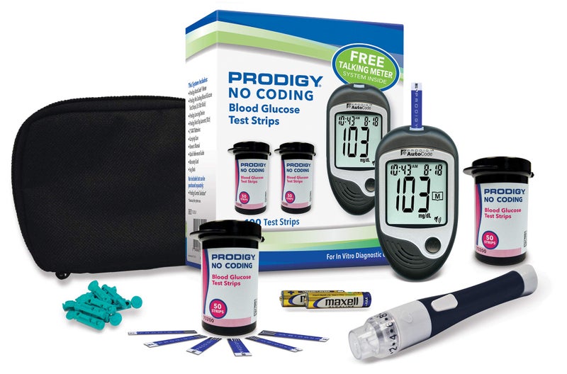 Prodigy Glucose Monitor Kit - Includes Prodigy Meter, 100ct test strips, 10ct Lancets, Lancing device, Carrying Case, Log Book - Image 1