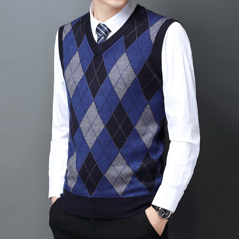 Casual V-Neck Thickened Plaid Wool Vest Navy Blue Hooded Fit Men'S Vest - Image 1