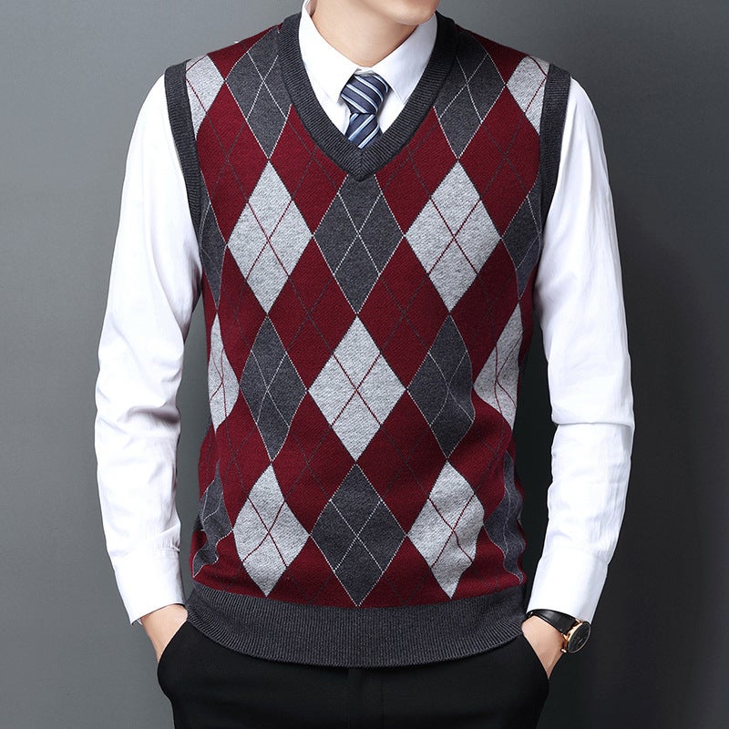 Casual V-Neck Thickened Plaid Wool Vest Navy Blue Hooded Fit Men'S Vest - Image 5