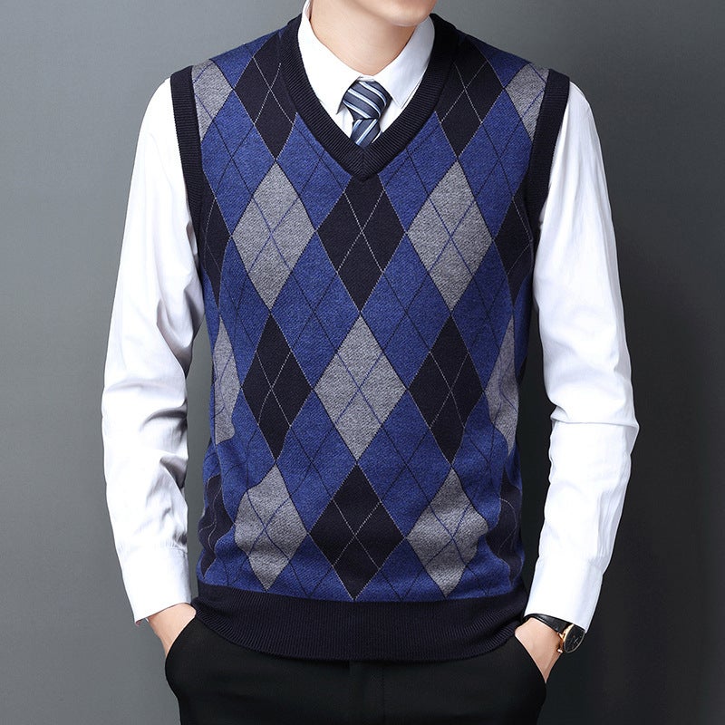 Casual V-Neck Thickened Plaid Wool Vest Navy Blue Hooded Fit Men'S Vest - Image 3