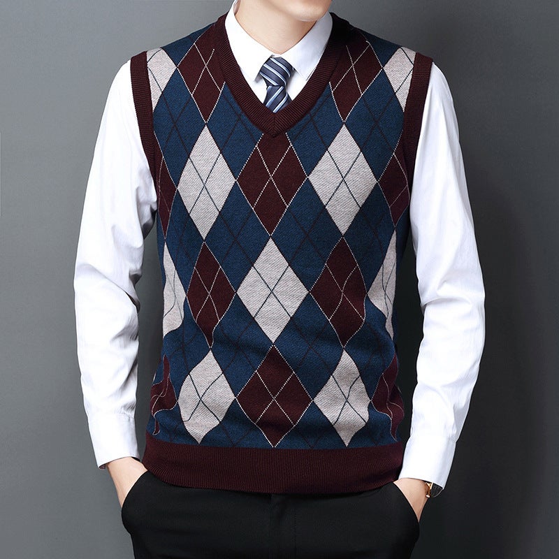 Casual V-Neck Thickened Plaid Wool Vest Navy Blue Hooded Fit Men'S Vest - Image 4