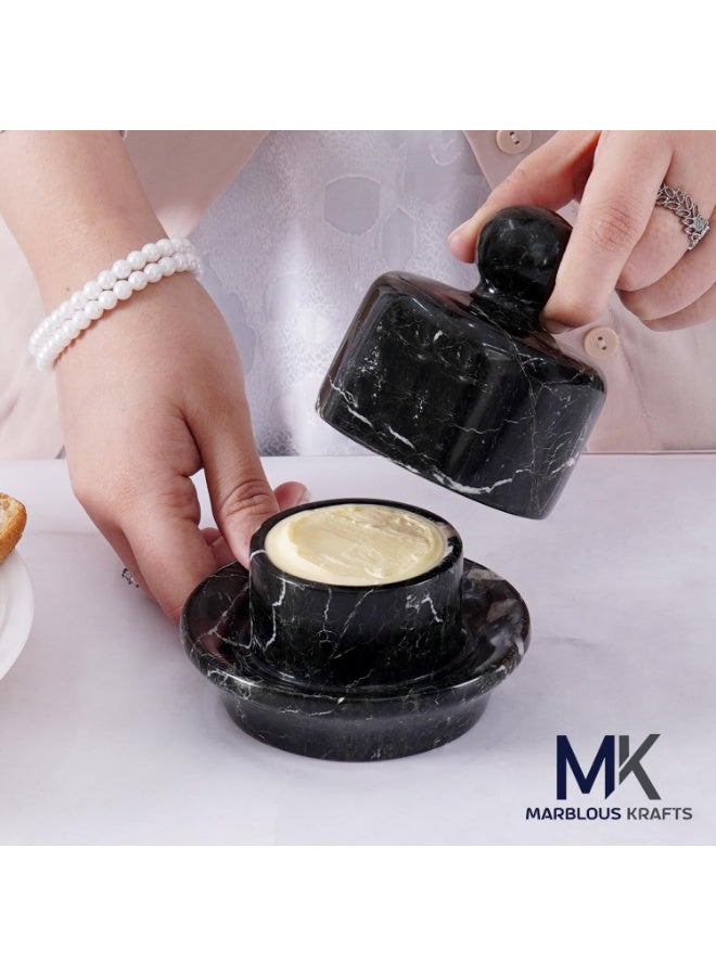 ام كي طبق زبدة رخامي أسود بغطاء | وعاء زبدة فرنسي يدوي الصنع، مقاس ٤ بوصات، مناسب للطاولة - Image 2