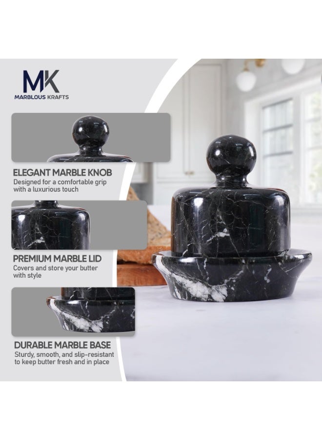 ام كي طبق زبدة رخامي أسود بغطاء | وعاء زبدة فرنسي يدوي الصنع، مقاس ٤ بوصات، مناسب للطاولة - Image 3