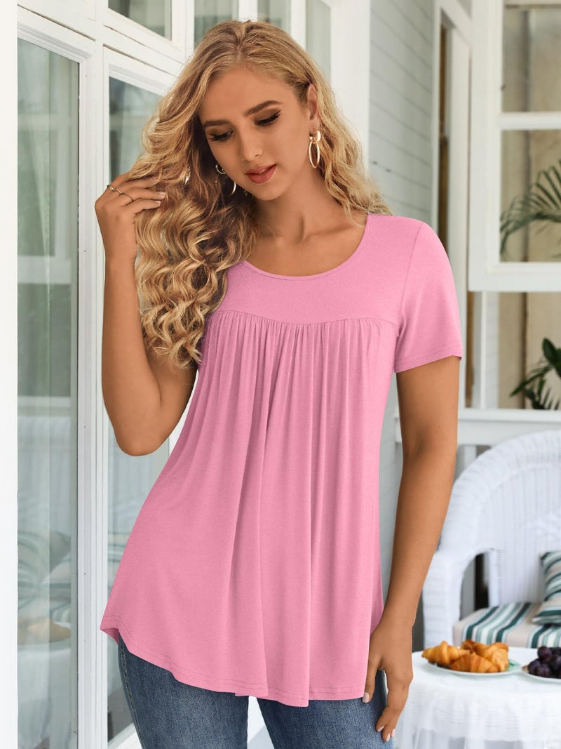 LONGYUAN Tunics Tops to Wear with Leggings Plus Size Short Sleeve Shirts for Women Casual Blouse Tees Pink X-Large - Image 2