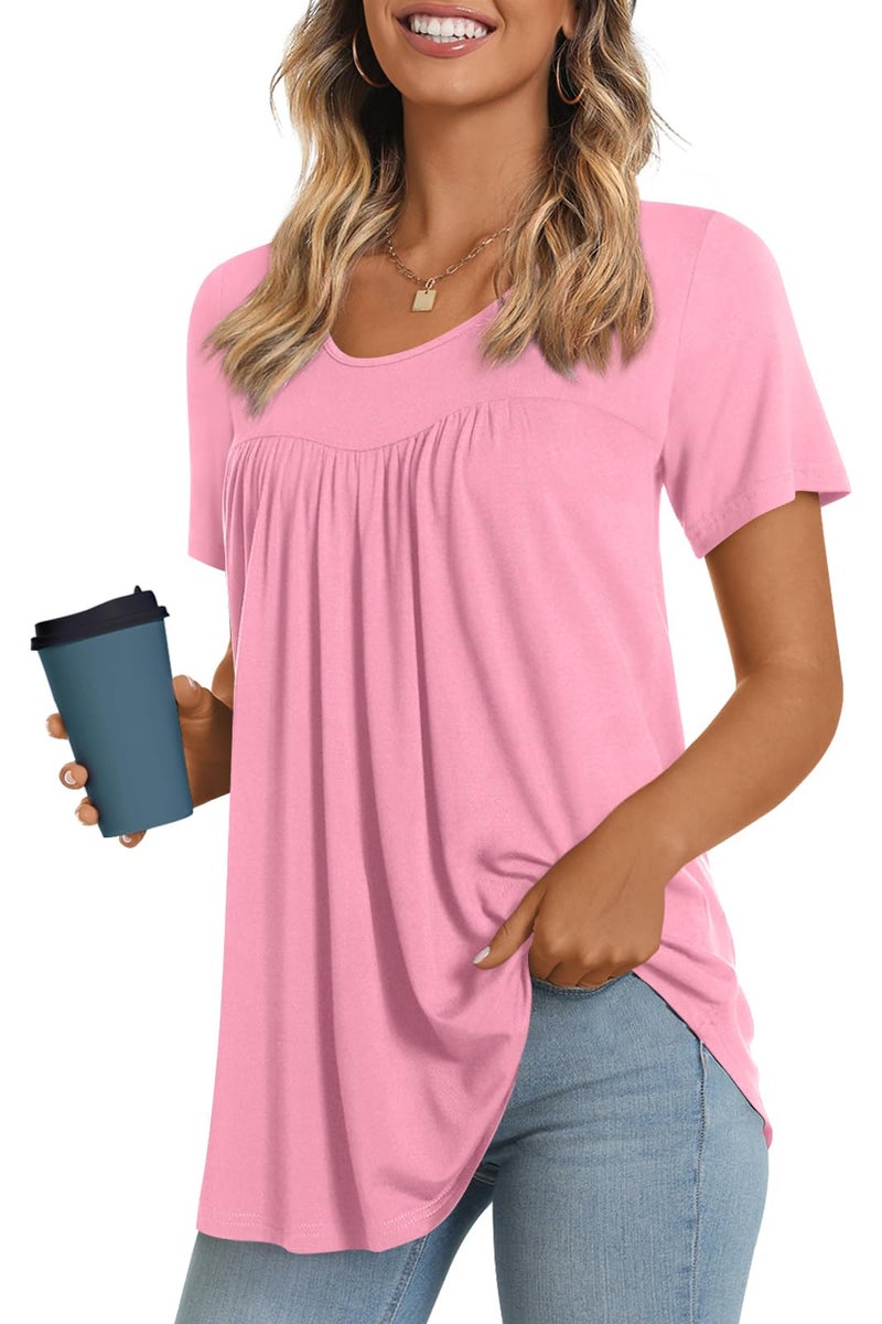 LONGYUAN Tunics Tops to Wear with Leggings Plus Size Short Sleeve Shirts for Women Casual Blouse Tees Pink X-Large - Image 1