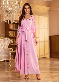 Hand-Stitched Diamond Dress Abaya Pink