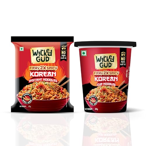 WickedGud Fiery 2X Spicy Korean Noodles | Instant Pack and Cup Combo Pack of 2 | Whole Wheat | No Maida | No Palm Oil | Vegetarian | 67g & 69g - Image 1