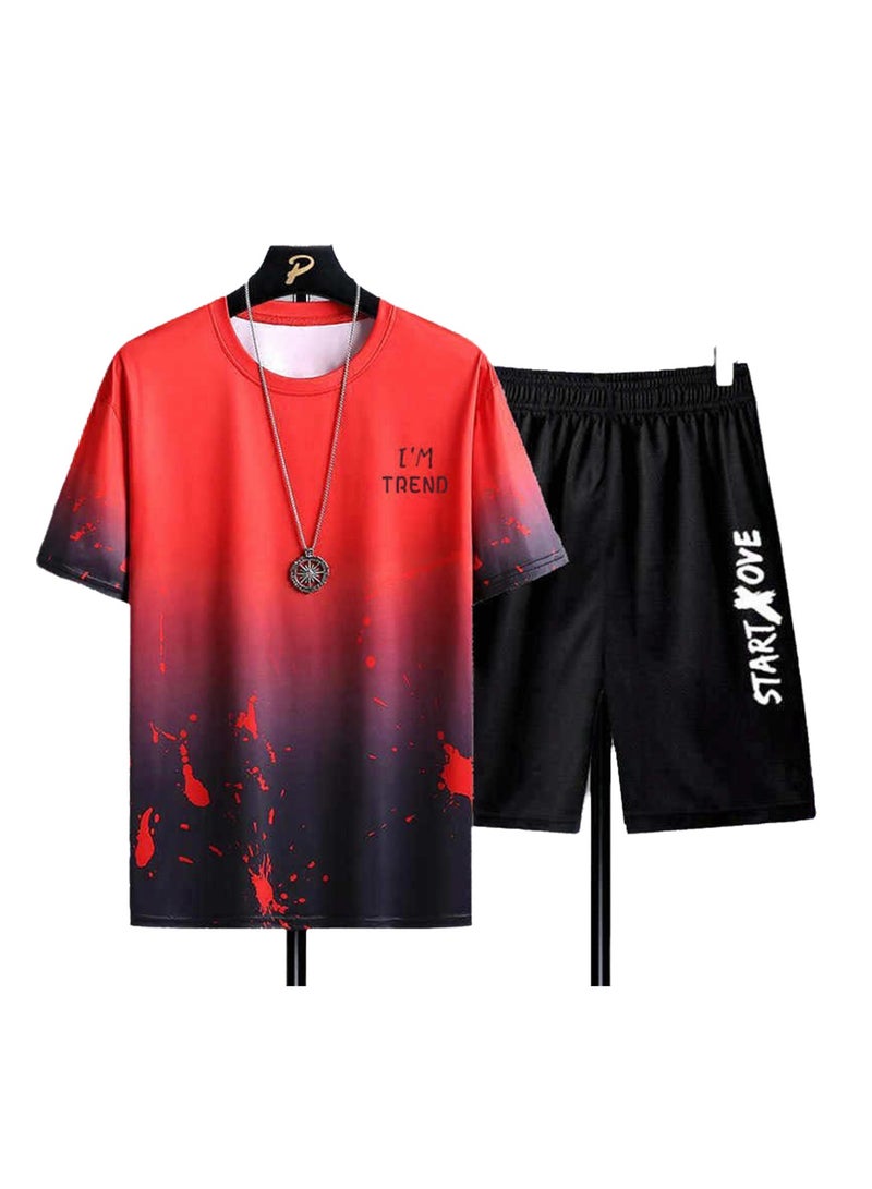Trendy printed short-sleeved T-shirt summer new men's casual suit shorts short-sleeved T-shirt two-piece set  - Image 1