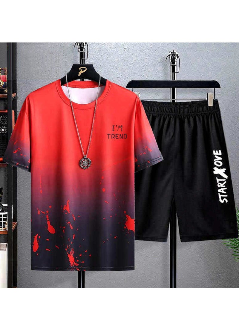 Trendy printed short-sleeved T-shirt summer new men's casual suit shorts short-sleeved T-shirt two-piece set  - Image 2