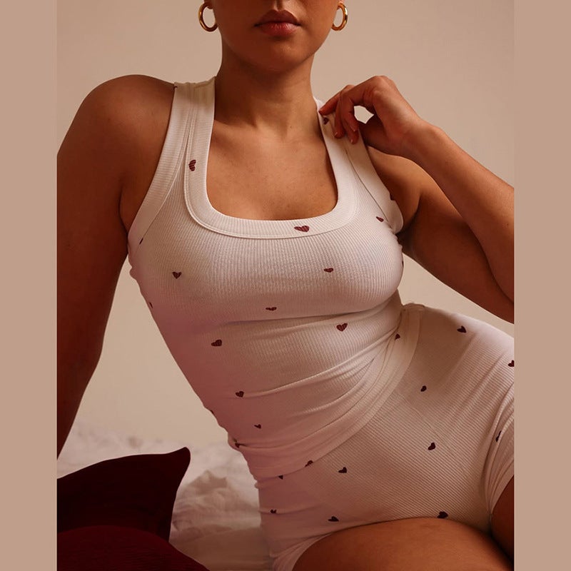 Women's Casual Sleeveless Heart Print Tank Top and Shorts Tracksuit Set - Image 3