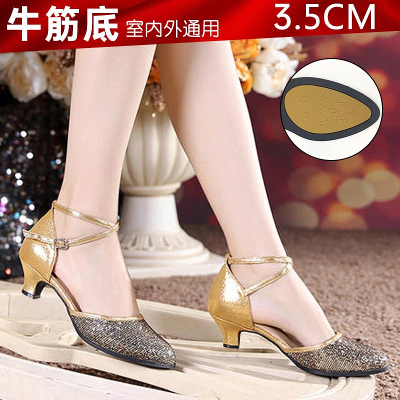 Generic Adult Latin Dance Shoes Womens Modern Square Dance Shoes Ballroom Dance Shoes Soft Sole New Style Factory Direct Delivery 3.5cm gold outdoor rubber bottom
