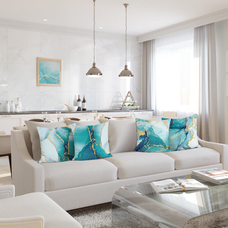 Bonhause Turquoise Marble Throw Pillow Covers 18x18 Inch Set of 4 Two-Sided Teal Gold Abstract Art Modern Decorative Pillows Case Soft Velvet Outdoor Cushion Covers for Couch Sofa Bed Home Decor - Image 4