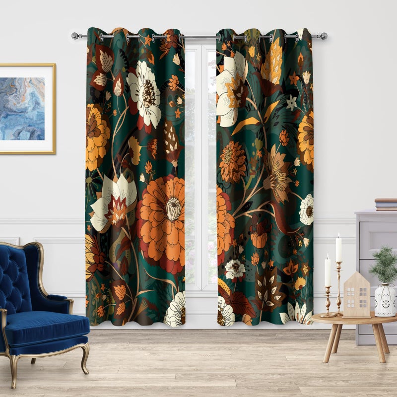 Jekeno Boho Floral Blackout Curtains Mid Century Morden Abstract Bohemian Flowers Print Drapes Decor Home Apartment Bedroom Living Room Darkening Grommet Window Treatments 2 Panels Set 42x54 Inch - Image 2