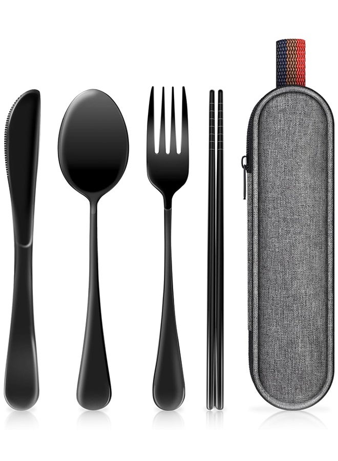 Travel Utensils with Case, Portable Silverware Set for Work, Stainless Steel Reusable Travel Cutlery Set, Fork and Spoon Set for Camping, Picnic, Gadgets, Black - Image 1