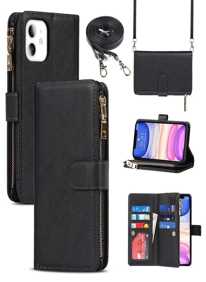Jaorty for iPhone 11 Phone Case Wallet for Women,for iPhone 11 Case with Card Holder, Crossbody Case with Credit Card Holders and Slots Zipper Lanyard Strap Leather Cases for Men,6.1 Inch Black - Image 1