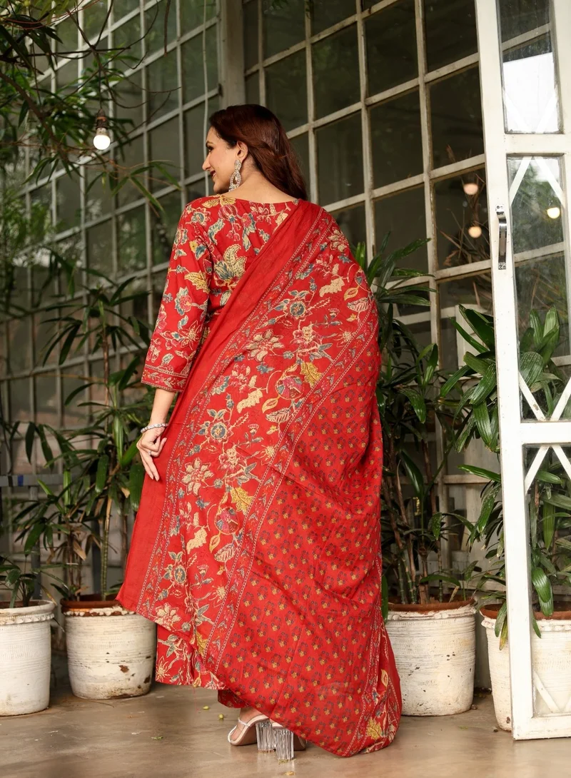 Studio blue Red Floral Printed Three-Piece Set with Dupatta