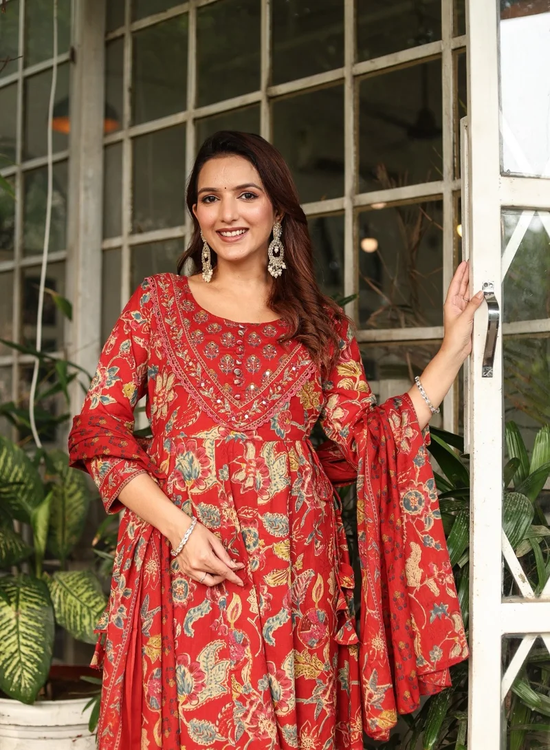 Studio blue Red Floral Printed Three-Piece Set with Dupatta