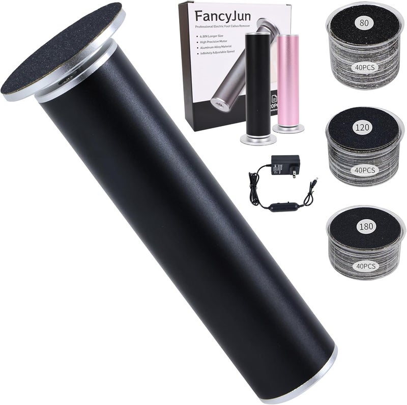 FancyJun مزيل الكالو الكهربائي للقدم مع 120 قرص ورق صنفرة (3 أحجام)، احترافي 800 دورة في الدقيقة من الألومنيوم 4.8 بوصة مزيل الكالو للقدم، تحكم مستمر في السرعة مبرد القدم للجلد الميت (أسود) - Image 1