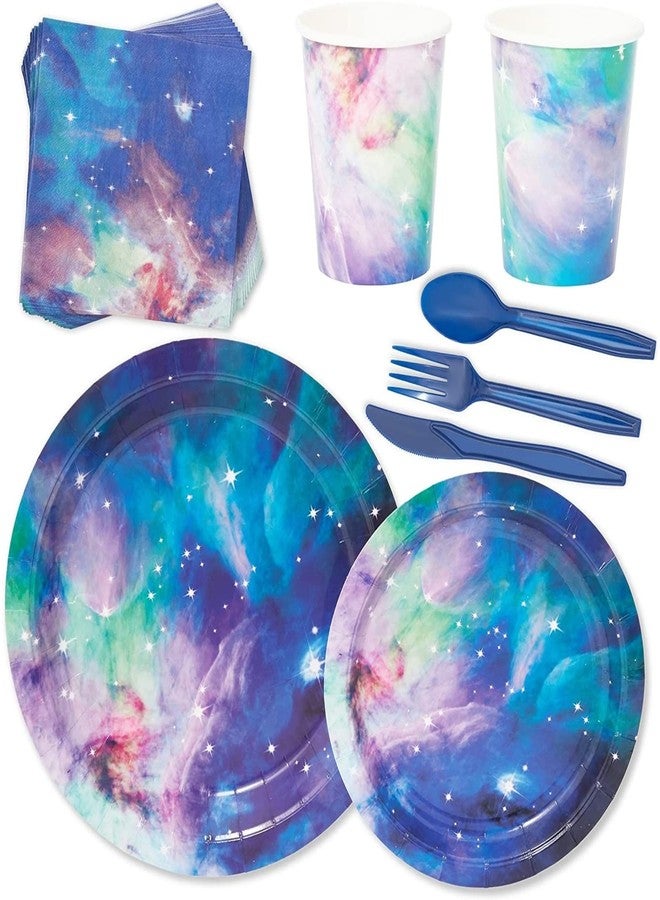 BLUE PANDA 168-Piece Space Birthday Decorations Set - Serves 24, Blue Galaxy 9" & 7" Plates, 9-Oz Cups, Napkins & 6" Cutlery - Moon & Stars Decor - Galaxy Party Cups & Cosmic Napkins - Image 1
