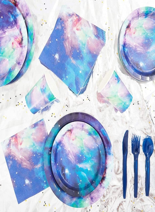 BLUE PANDA 168-Piece Space Birthday Decorations Set - Serves 24, Blue Galaxy 9" & 7" Plates, 9-Oz Cups, Napkins & 6" Cutlery - Moon & Stars Decor - Galaxy Party Cups & Cosmic Napkins - Image 2
