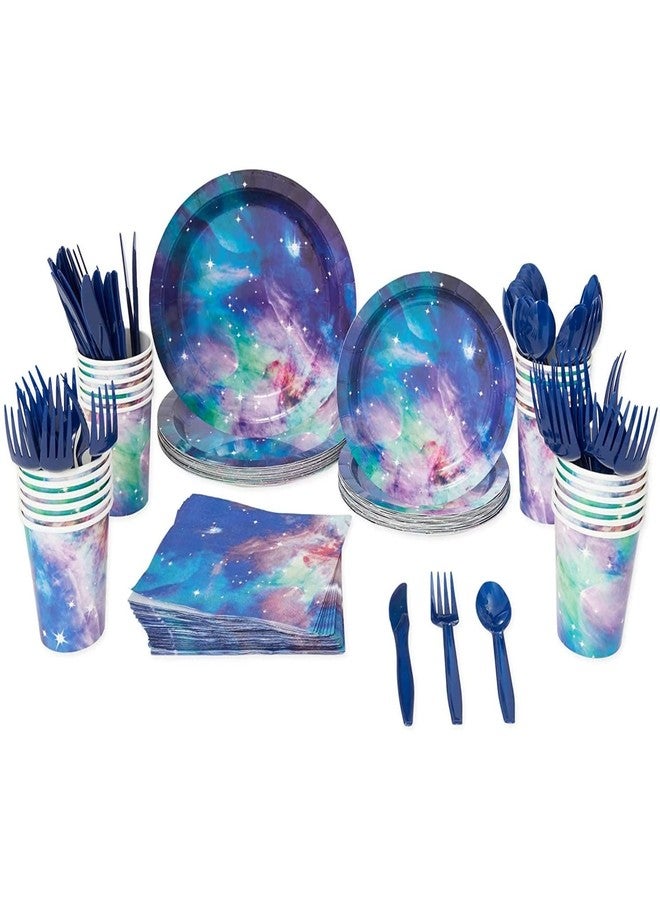 BLUE PANDA 168-Piece Space Birthday Decorations Set - Serves 24, Blue Galaxy 9" & 7" Plates, 9-Oz Cups, Napkins & 6" Cutlery - Moon & Stars Decor - Galaxy Party Cups & Cosmic Napkins - Image 5