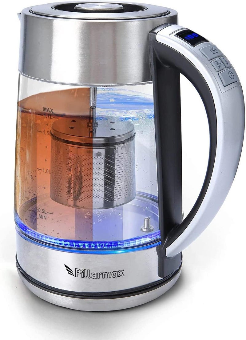 Pillarmax Electric Glass Kettle Temperature Controls with Removable Infuser 1.7 Liters 2200 W. Tea Maker Brewing Programs. Stainless Steel Glass Boiler, BPA-FREE - Image 1