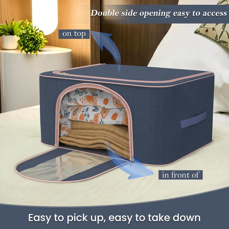 Kuber Industries Pack of 2 Foldable 66 Liter Cloth Organizer for Storage with Steel Frame Zip See Through Saree Organiser for Wardrobe Seasonal Home Items LJ1NBLU Navy - Image 5