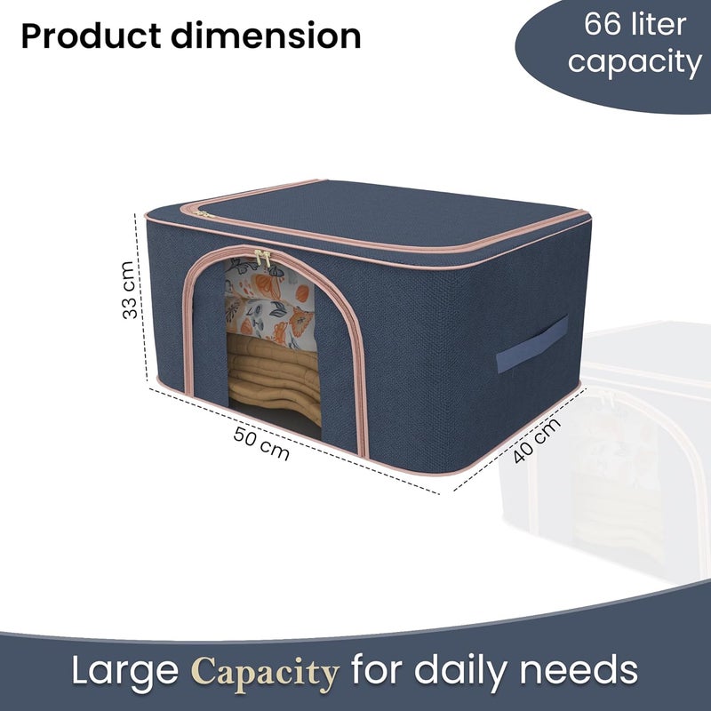 Kuber Industries Pack of 2 Foldable 66 Liter Cloth Organizer for Storage with Steel Frame Zip See Through Saree Organiser for Wardrobe Seasonal Home Items LJ1NBLU Navy - Image 3