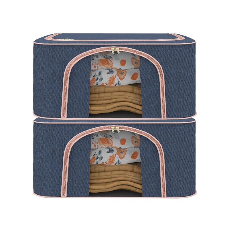 Kuber Industries Pack of 2 Foldable 66 Liter Cloth Organizer for Storage with Steel Frame Zip See Through Saree Organiser for Wardrobe Seasonal Home Items LJ1NBLU Navy - Image 1