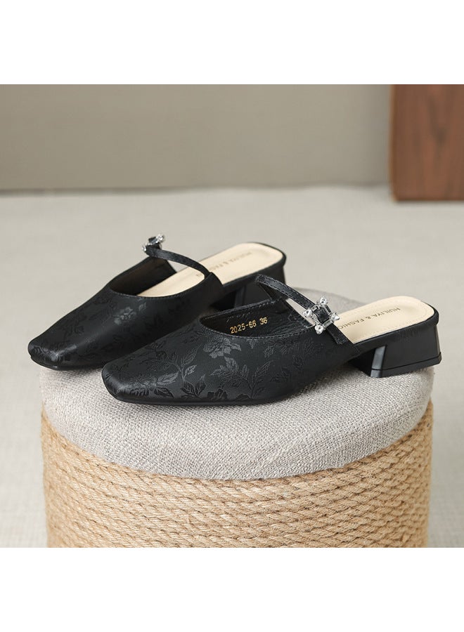 ya Thick Heeled High Heeled Baotou Half Slippers Outwear Fashionable Lazy Sandals Printed Middle Heeled Muller Shoes J-66