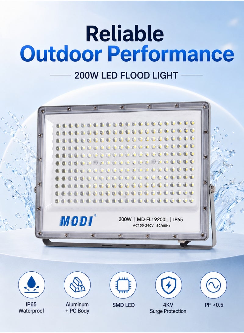 MODI 200W LED Flood Light, 20000LM Outdoor SMD Floodlight, IP65 Water Resistant, 4KV Surge Protection, AC100-240V Aluminum PC Body For Villa Garden Yard Warehouse - Image 5