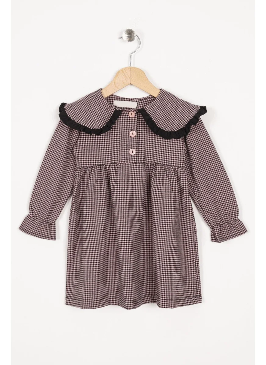 Zepkids Baby Collar Long Sleeve Plaid Baby Collar Buttoned Powder Color Girl Dress