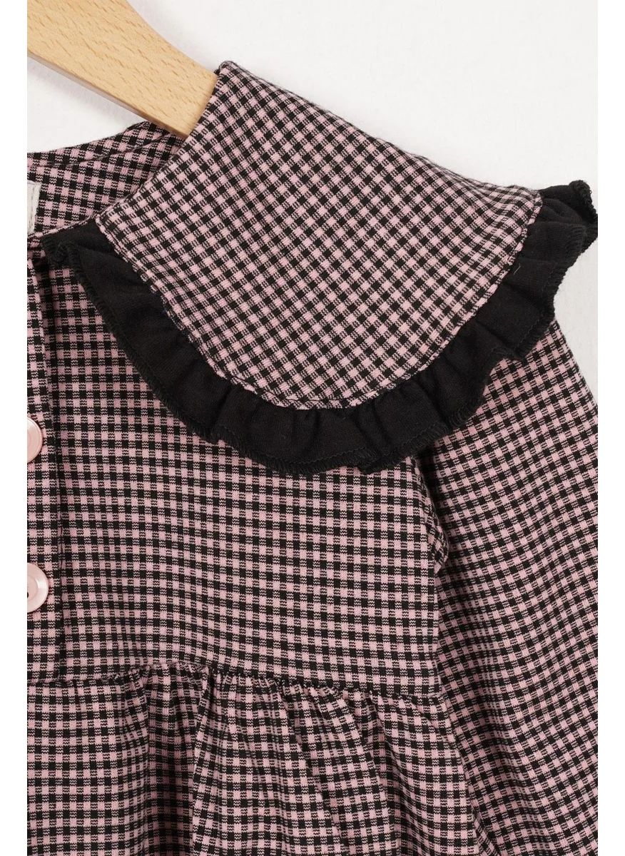 Zepkids Baby Collar Long Sleeve Plaid Baby Collar Buttoned Powder Color Girl Dress