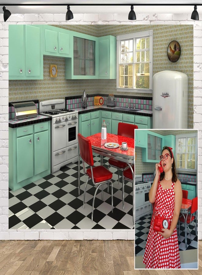 Loccor Fabric 7x5ft Retro Kitchen Backdrop for Photography Interior Cooking Dining Scene Background 1950s Dinner Party Banner Birthday Decorations Kids Adult Portrait Video Photo Shoot Props - Image 1
