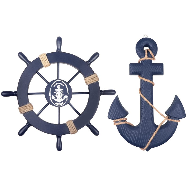 Meching 2 Pack 11 Nautical Beach Wooden Ship Wheel and 13 Wooden Anchor with Rope Nautical Boat Steering Wheel Rudder Anchor Wall Art Decor Door Hanging Ornament Beach Theme Home DecorationBlue