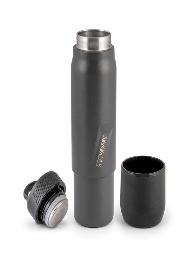 إكو فيسل قارورة EcoVessel المصنوعة من الفولاذ المقاوم للصدأ مع كوب صغير قابل للإزالة، زجاجة معزولة بتفريغ الهواء للمشروبات الساخنة والباردة، ترمس بمقبض قابل للطي للسفر والتخييم، 8 أونصة (رمادي) - Image 1