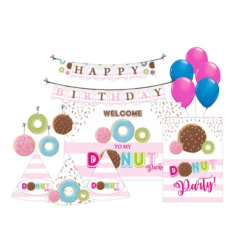 PrettyurParty Pretty UR Party Doughnut Party Decorations Kit - 70 pcs Includes Banner, Bunting, Balloons, Centerpiece, danglers, Donut Party Supplies, Donuts Birthday Decor, DIY Décor Pack for Boys, Girls, Kids - Image 1