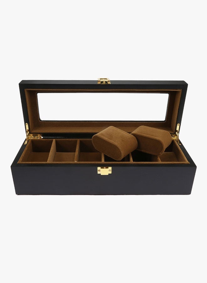 صندوق ساعة 6 فتحات من الخشب منظم ساعات محمول حقيبة تخزين للسفر صندوق عرض مجوهرات (أسود) - Image 2