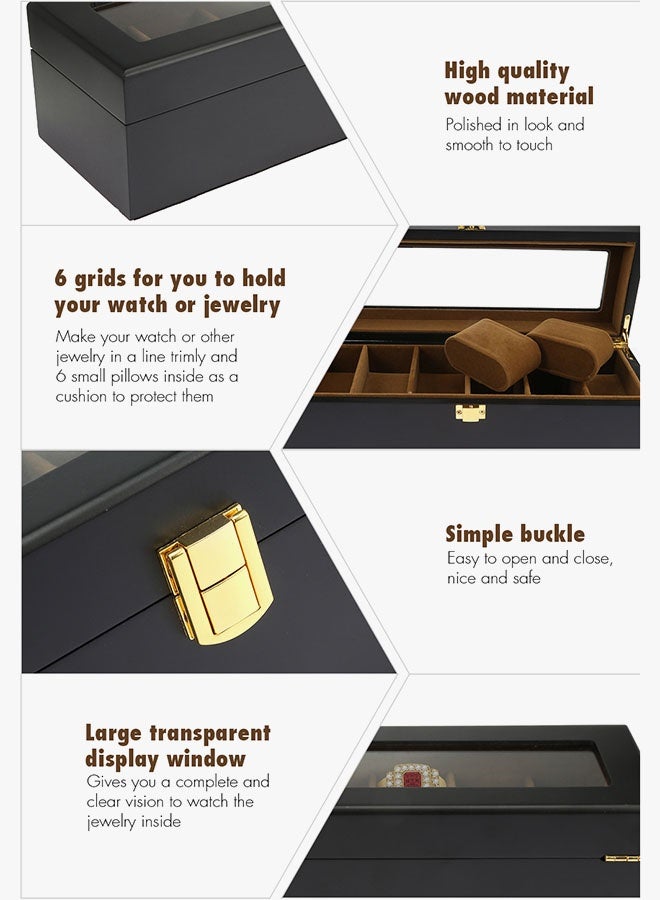 صندوق ساعة 6 فتحات من الخشب منظم ساعات محمول حقيبة تخزين للسفر صندوق عرض مجوهرات (أسود) - Image 5