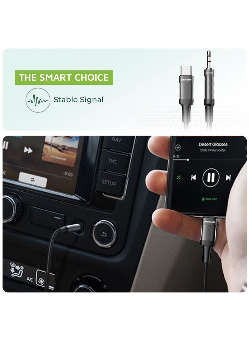 USB-C To AUX Braided Cable 1 Meter Length / Transparent + Braided Material / Super Durable / Secure & Safe / Stable Signal / Copper Core / 10000 Bends Life Span / Premium Quality / Practical Aux Audio Cable / Flexible & Portable / Universal Fit - Black