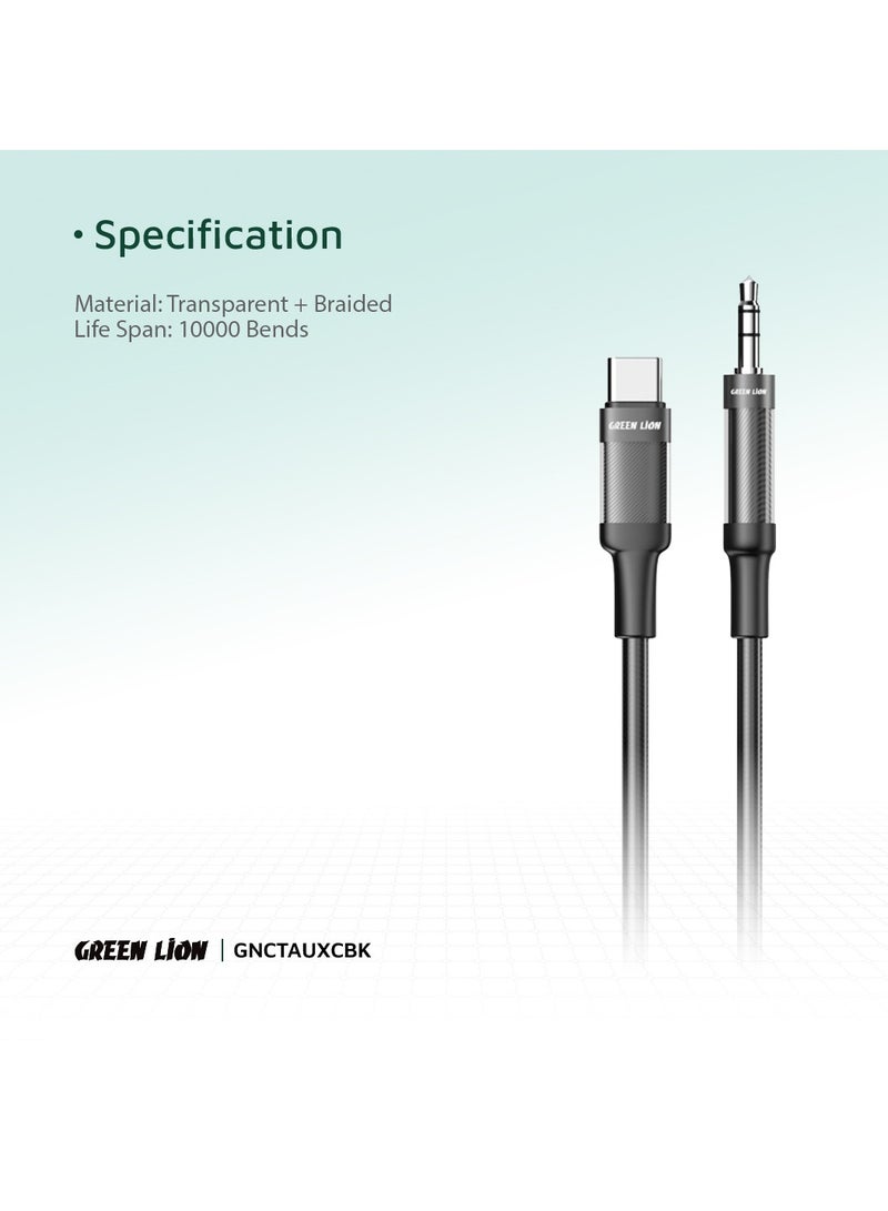 USB-C To AUX Braided Cable 1 Meter Length / Transparent + Braided Material / Super Durable / Secure & Safe / Stable Signal / Copper Core / 10000 Bends Life Span / Premium Quality / Practical Aux Audio Cable / Flexible & Portable / Universal Fit - Black