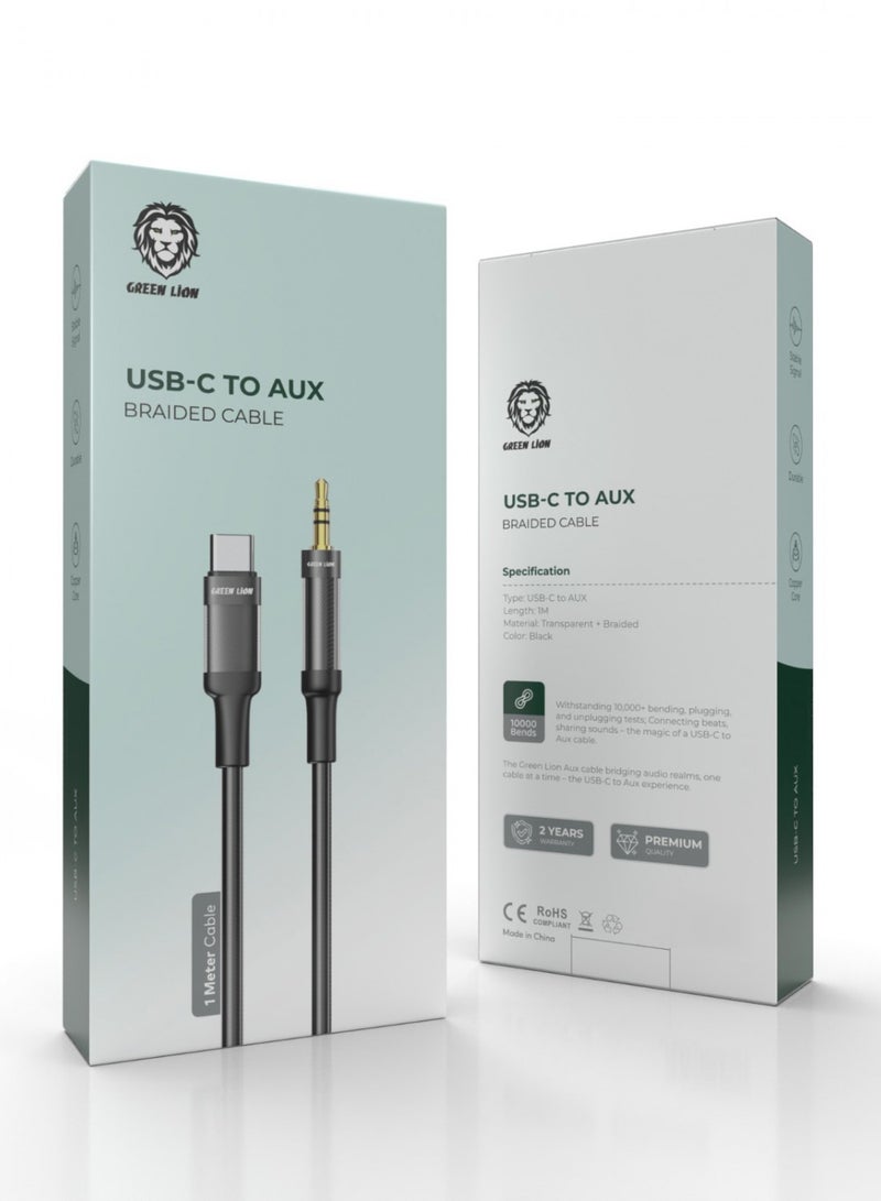 USB-C To AUX Braided Cable 1 Meter Length / Transparent + Braided Material / Super Durable / Secure & Safe / Stable Signal / Copper Core / 10000 Bends Life Span / Premium Quality / Practical Aux Audio Cable / Flexible & Portable / Universal Fit - Black