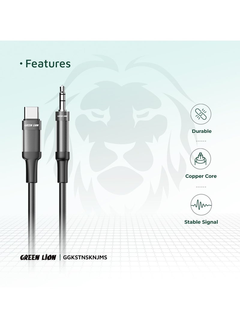 USB-C To AUX Braided Cable 1 Meter Length / Transparent + Braided Material / Super Durable / Secure & Safe / Stable Signal / Copper Core / 10000 Bends Life Span / Premium Quality / Practical Aux Audio Cable / Flexible & Portable / Universal Fit - Black