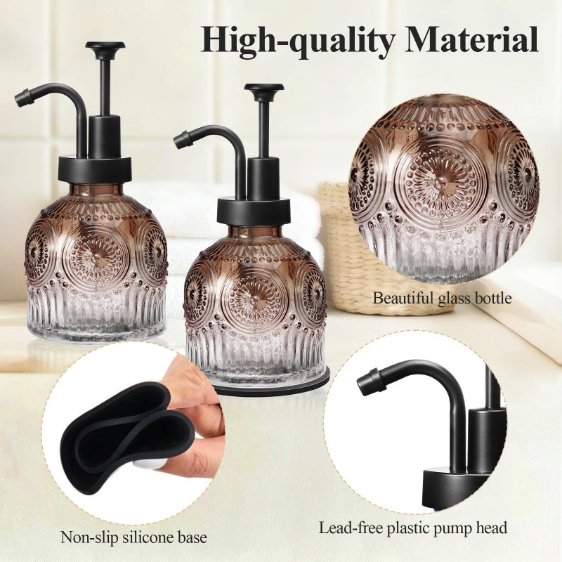 SheeChung Vintage Soap Dispenser, Kitchen Dish Soap Dispensers with Pump Mat, Glass Hand Soap Dispenser for Bathroom, Liquid, Lotion, Refillable, Rustic Farmhouse Decor-Brown (Black Pump, 2 pk) - Image 2