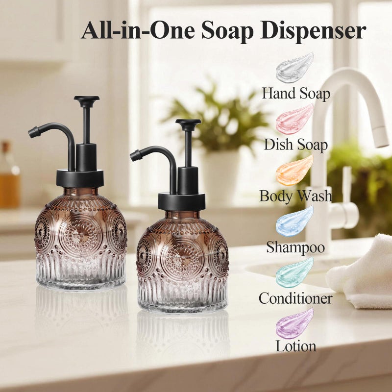 SheeChung Vintage Soap Dispenser, Kitchen Dish Soap Dispensers with Pump Mat, Glass Hand Soap Dispenser for Bathroom, Liquid, Lotion, Refillable, Rustic Farmhouse Decor-Brown (Black Pump, 2 pk) - Image 4
