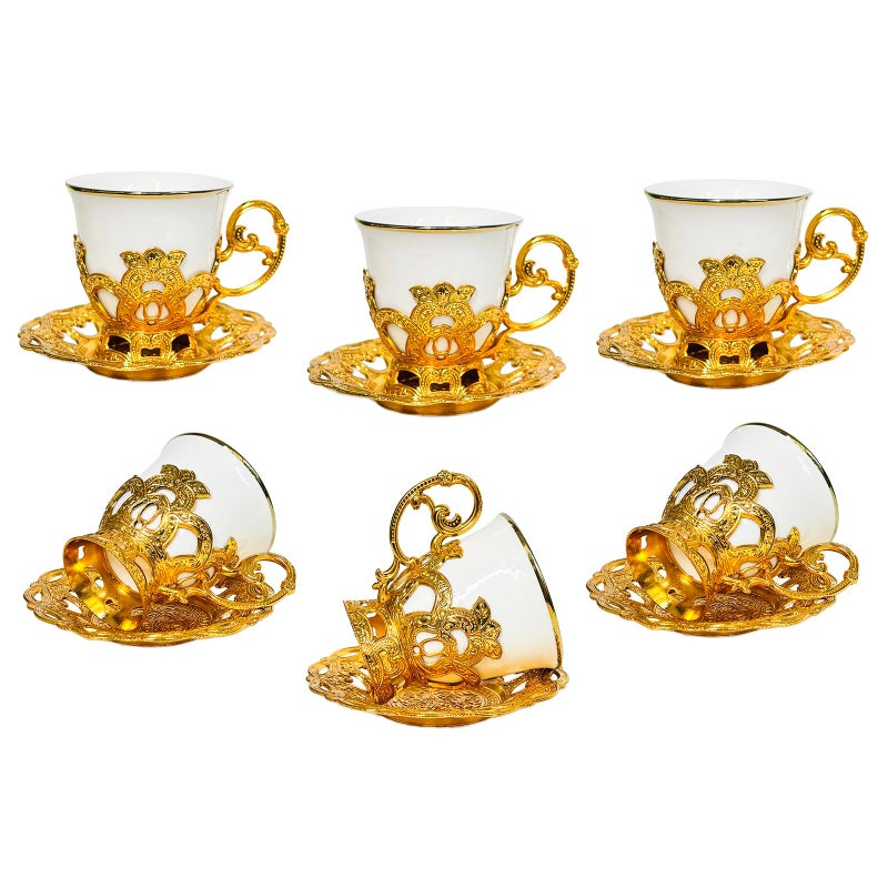 Noviko Turkish Tea Cups Ceramic Espresso Cups Set of 6 Turkish Tea Set Turkish Coffee Cup Set 3oz White