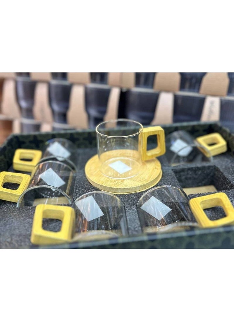 Generic Only for coffee lovers and those in a good mood Glass coffee set with a wooden handle 12 pieces (6 glass cups + 6 wooden saucers) Waterproof bamboo wood. Comes in a chic box. Pictures are of the actual product.  - Image 5