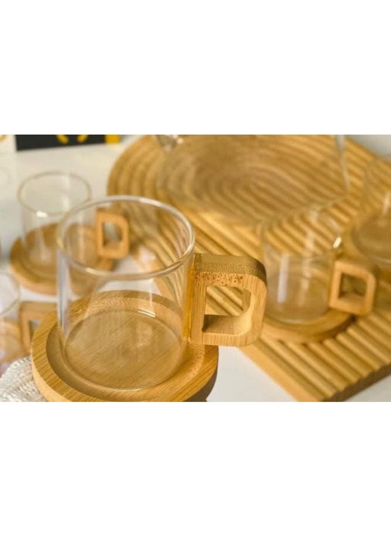 Generic Only for coffee lovers and those in a good mood Glass coffee set with a wooden handle 12 pieces (6 glass cups + 6 wooden saucers) Waterproof bamboo wood. Comes in a chic box. Pictures are of the actual product.  - Image 3